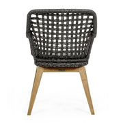 Kortárs stílusú, alumínium vázas, fekete színű kerti szék rostfonatokkal és natúr színű teakfa lábakkal