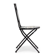 mediterrán stílusú, fekete színű, kerti szék kék és okker sárga színű, kerámia berakásokkal