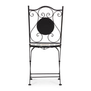 mediterrán stílusú, fekete színű, kerti szék kék és okker sárga színű, kerámia berakásokkal