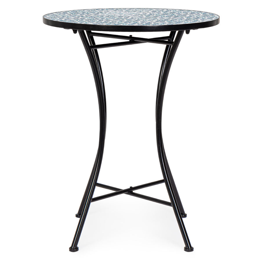 Mediterrán stílusú, fekete színű, fém kerti asztal kék színű, kerámia berakásokkal