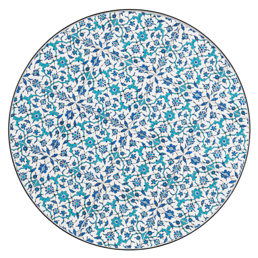 Mediterrán stílusú, fekete színű, fém kerti asztal kék színű, kerámia berakásokkal