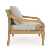 keleti stílusú teakfa fotel szürke UV-álló párnákkal