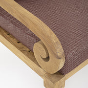 Keleti stílusú, 3 személyes teakfa kanapé bordó színű, UV-álló, ülő- és hátpárnákkal