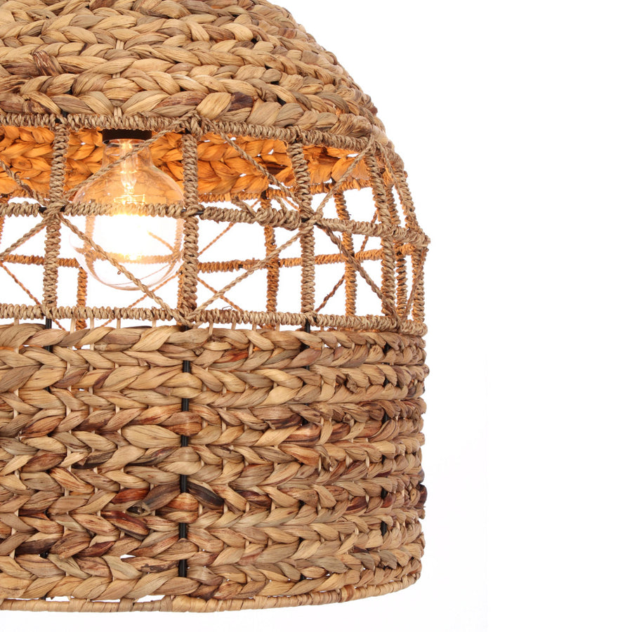 Kortárs stílusú, natúr színű vízijácintból szőtt, design függeszték lámpa