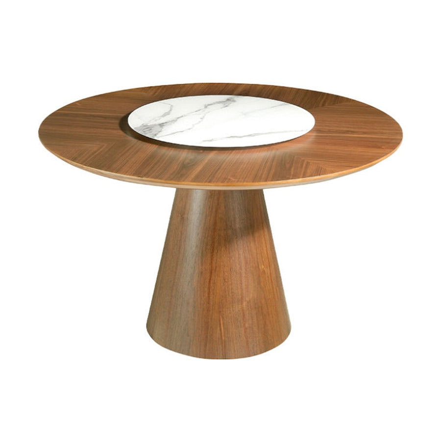 Kortárs stílusú, diófa furnérral borított, dizájn étkezőasztal forgatható porcelán betéttel.