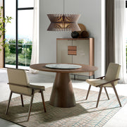 Kortárs stílusú, diófa furnérral borított, dizájn étkezőasztal forgatható porcelán betéttel