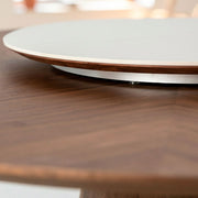 Kortárs stílusú, diófa furnérral borított, dizájn étkezőasztal forgatható porcelán betéttel