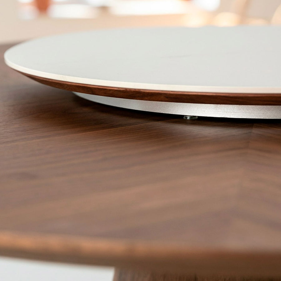 Kortárs stílusú, diófa furnérral borított, dizájn étkezőasztal forgatható porcelán betéttel