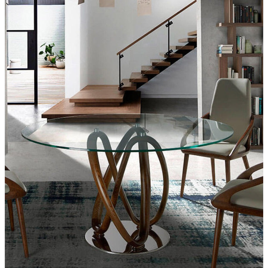 Kortárs stílusú, kőrisfából készült, dizájn étkezőasztal edzett üveglappal.