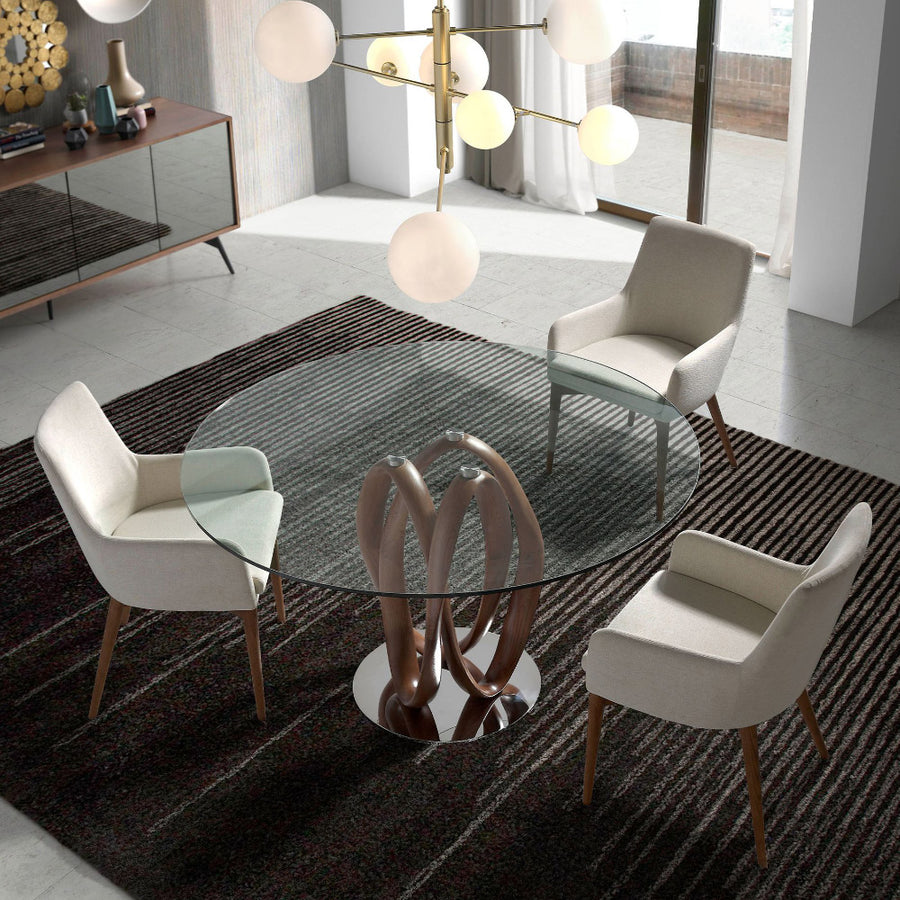 Kortárs stílusú, kőrisfából készült, dizájn étkezőasztal edzett üveglappal.