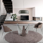 Kortárs stílusú, krómszínű, acélból készült, dizájn étkezőasztal edzett üveglappal.