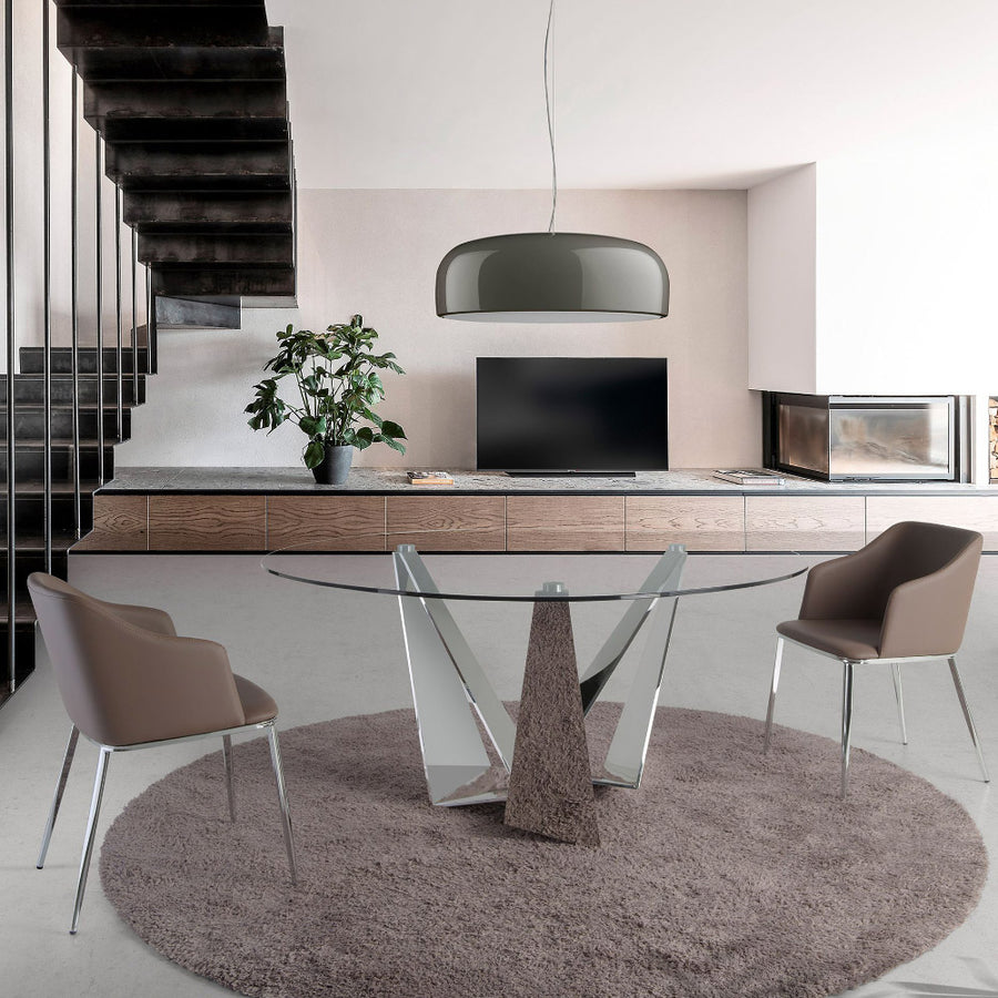 Kortárs stílusú, krómszínű, acélból készült, dizájn étkezőasztal edzett üveglappal.