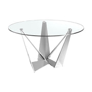 Kortárs stílusú, krómszínű, acélból készült, dizájn étkezőasztal edzett üveglappal.