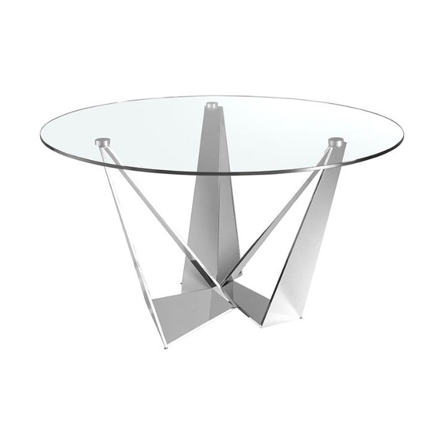 Kortárs stílusú, krómszínű, acélból készült, dizájn étkezőasztal edzett üveglappal.