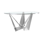 Kortárs stílusú, krómszínű, acélból készült, dizájn étkezőasztal edzett üveglappal.