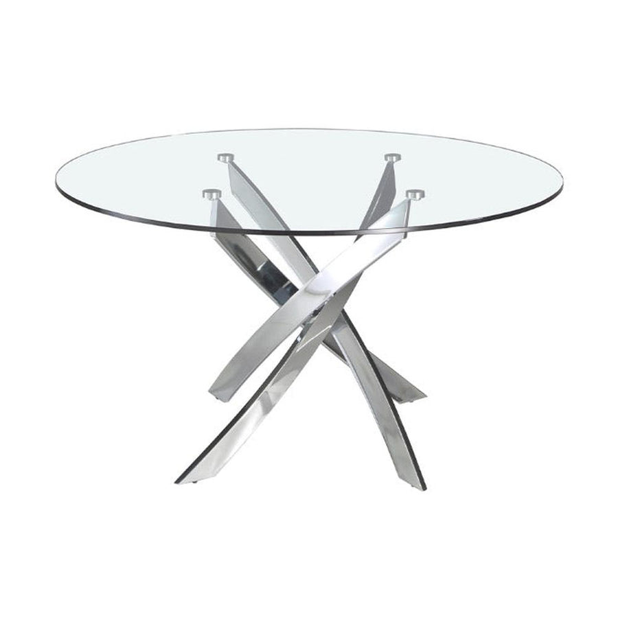 Kortárs stílusú, krómszínű, acélból készült, dizájn étkezőasztal edzett üveglappal.