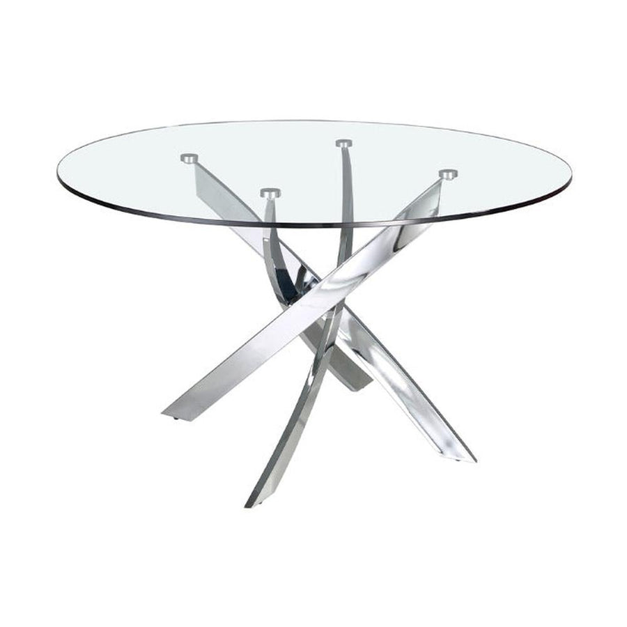 Kortárs stílusú, krómszínű, acélból készült, dizájn étkezőasztal edzett üveglappal.
