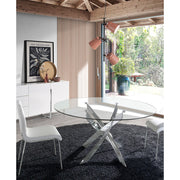 Kortárs stílusú, krómszínű, acélból készült, dizájn étkezőasztal edzett üveglappal.