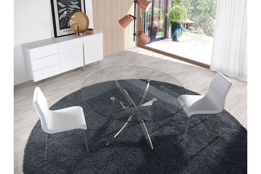 Kortárs stílusú, krómszínű, acélból készült, dizájn étkezőasztal edzett üveglappal.