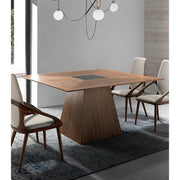 Kortárs stílusú, diófa furnérral borított, formatervezett, dizájn étkezőasztal üvegbetéttel.