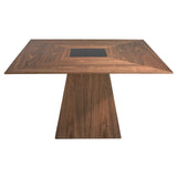 Kortárs stílusú, diófa furnérral borított, formatervezett, étkezőasztal üvegbetéttel.