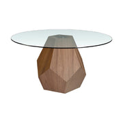 Kortárs stílusú, diófurnérral borított fenyőfából készült, dizájn étkezőasztal edzett üveglappal.