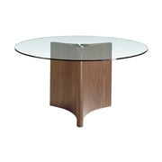 Kortárs stílusú, diófurnérral borított fenyőfából készült, dizájn étkezőasztal edzett üveglappal.