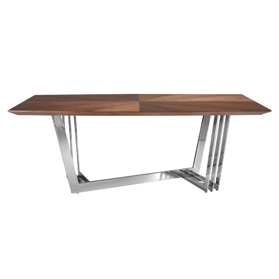 Kortárs stílusú, nagyméretű, diófa furnérral borított, dizájn étkezőasztal krómszínű lábakkal. 