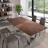 Kortárs stílusú, nagyméretű, diófa furnérral borított, dizájn étkezőasztal krómszínű lábakkal. 