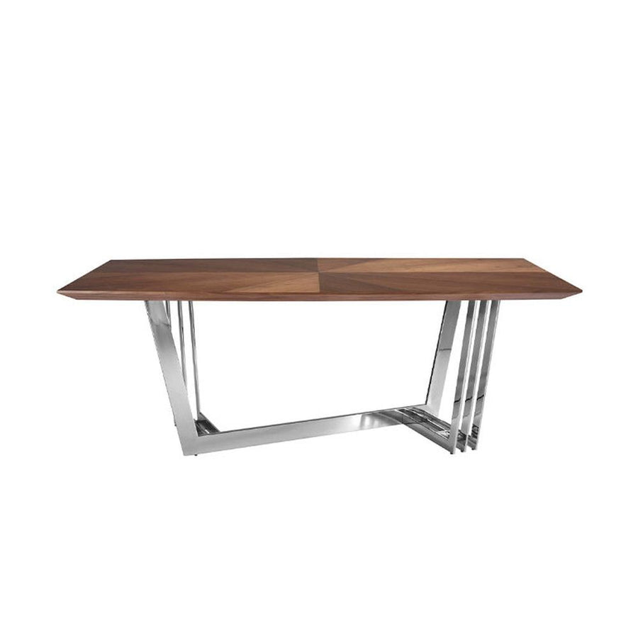 Kortárs stílusú, nagyméretű, diófa furnérral borított, dizájn étkezőasztal krómszínű lábakkal.