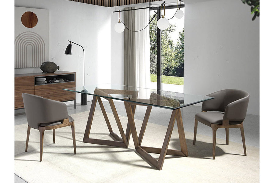 Kortárs stílusú, kőrisfából készült, dizájn étkezőasztal edzett üveglappal.