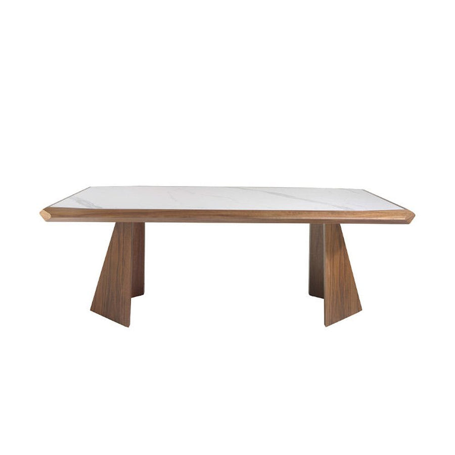 Kortárs stílusú, nagyméretű, diófa furnérral borított, dizájn étkezőasztal porcelán betéttel.