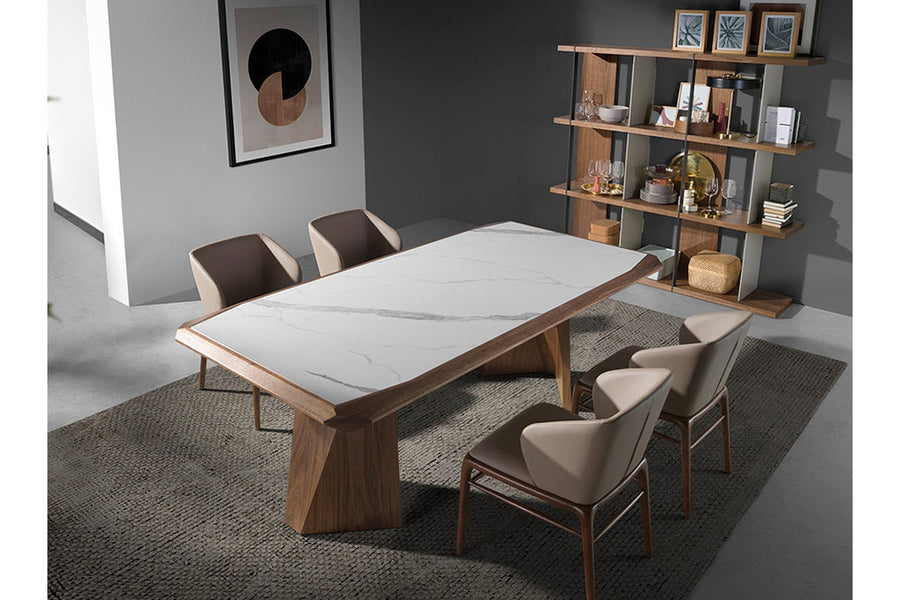 Kortárs stílusú, nagyméretű, diófa furnérral borított, dizájn étkezőasztal porcelán betéttel.