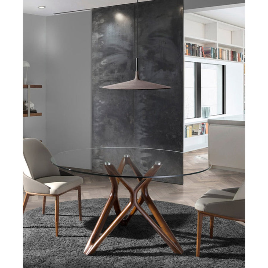 Kortárs stílusú, kőrisfából készült, dizájn étkezőasztal edzett üveglappal.