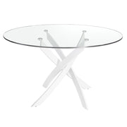 Kortárs stílusú, fehér színű, rozsdamentes acélból készült, formatervezett étkezőasztal edzett üveglappal.