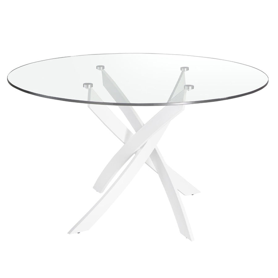 Kortárs stílusú, fehér színű, rozsdamentes acélból készült, formatervezett étkezőasztal edzett üveglappal.