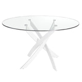 Kortárs stílusú, fehér színű, rozsdamentes acélból készült, formatervezett étkezőasztal edzett üveglappal.