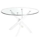 Kortárs stílusú, fehér színű, rozsdamentes acélból készült, formatervezett étkezőasztal edzett üveglappal.