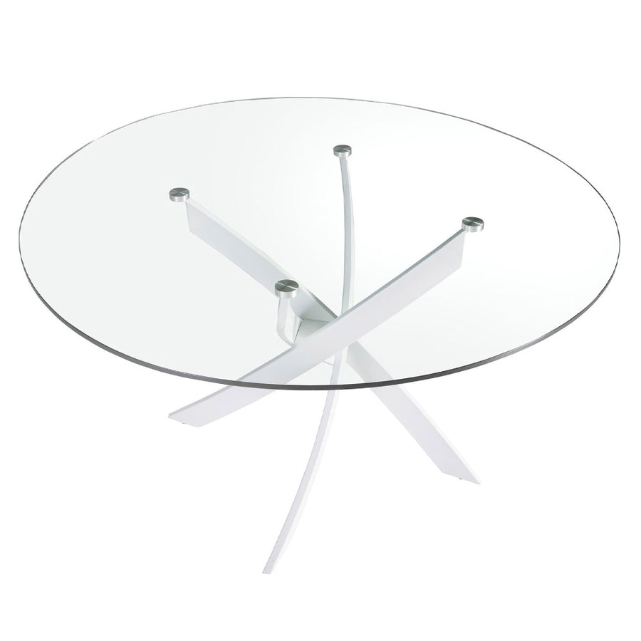 Kortárs stílusú, fehér színű, rozsdamentes acélból készült, formatervezett étkezőasztal edzett üveglappal.