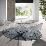 Kortárs stílusú, fehér színű, rozsdamentes acélból készült, formatervezett étkezőasztal edzett üveglappal.