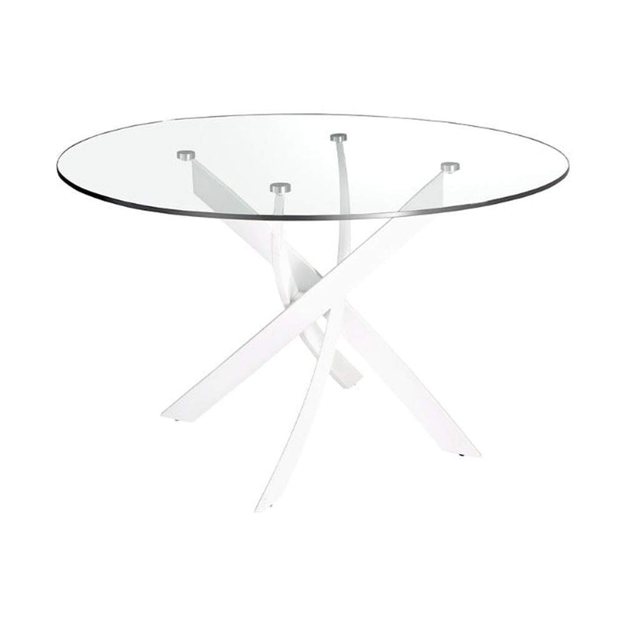 Kortárs stílusú, fehér színű, acélból készült, dizájn étkezőasztal edzett üveglappal.