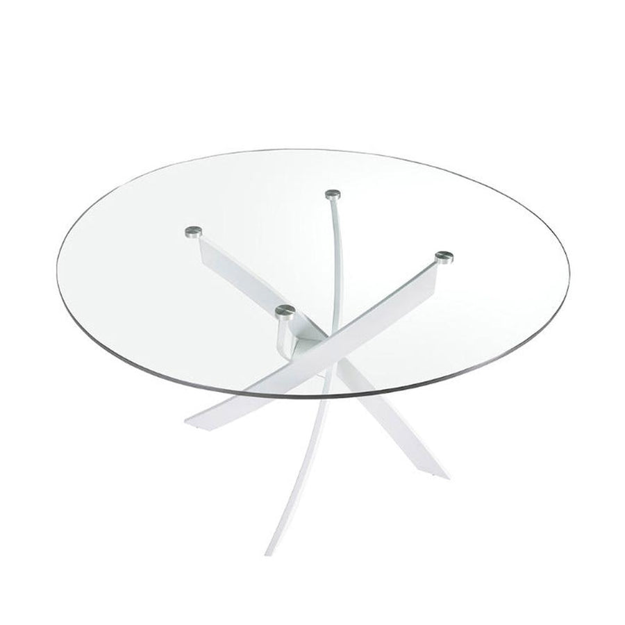 Kortárs stílusú, fehér színű, acélból készült, dizájn étkezőasztal edzett üveglappal.