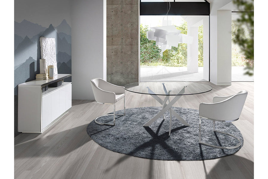 Kortárs stílusú, fehér színű, acélból készült, dizájn étkezőasztal edzett üveglappal.