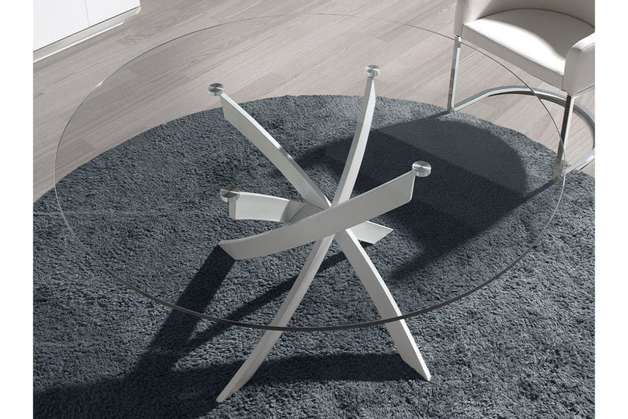 Kortárs stílusú, fehér színű, acélból készült, dizájn étkezőasztal edzett üveglappal.