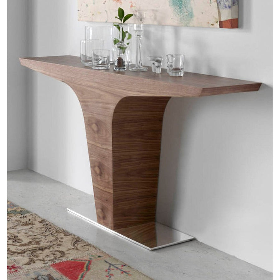 Kortárs, diófa furnérral borított, T-alakú, dizájn konzolasztal acél talapzattal.