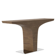 Kortárs, diófa furnérral borított, T-alakú, dizájn konzolasztal acél talapzattal.