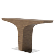 Kortárs, diófa furnérral borított, T-alakú, dizájn konzolasztal acél talapzattal.