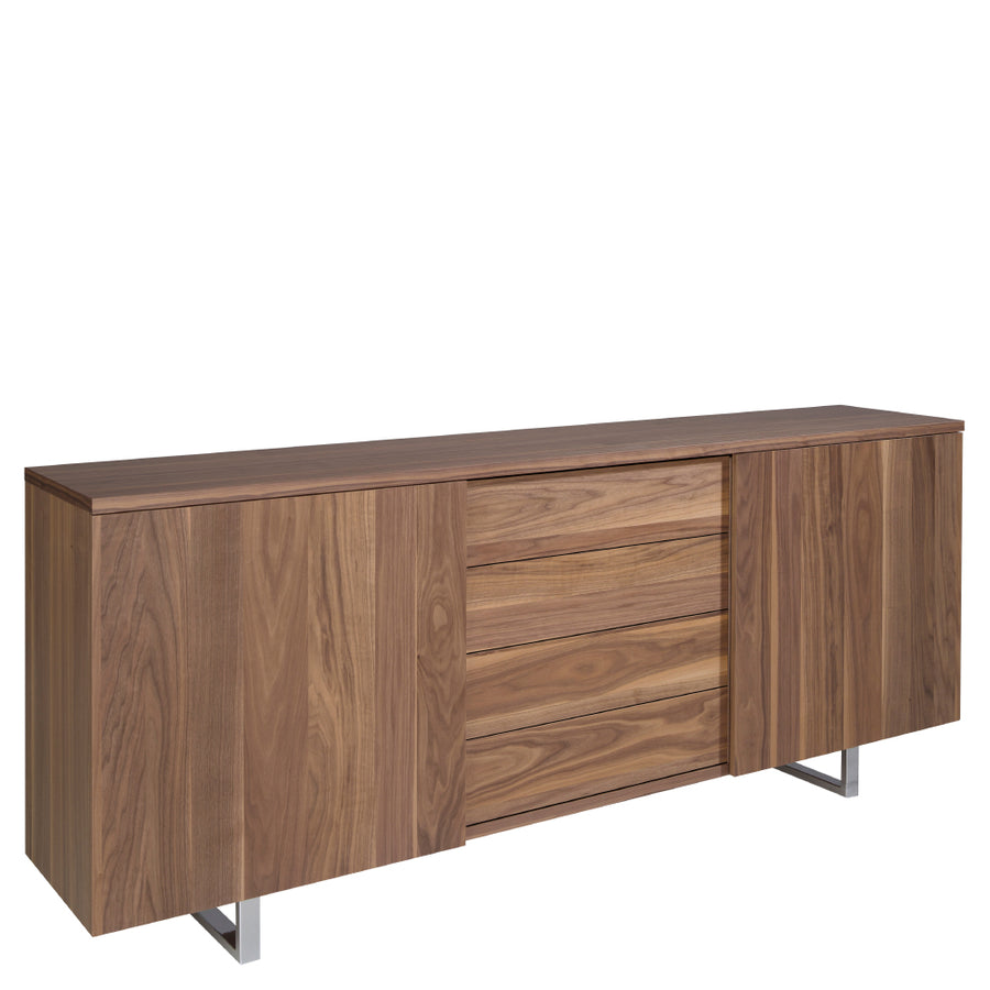 Kortárs stílusú, diófa furnérral borított, dizájn tálaló tolóajtókkal.