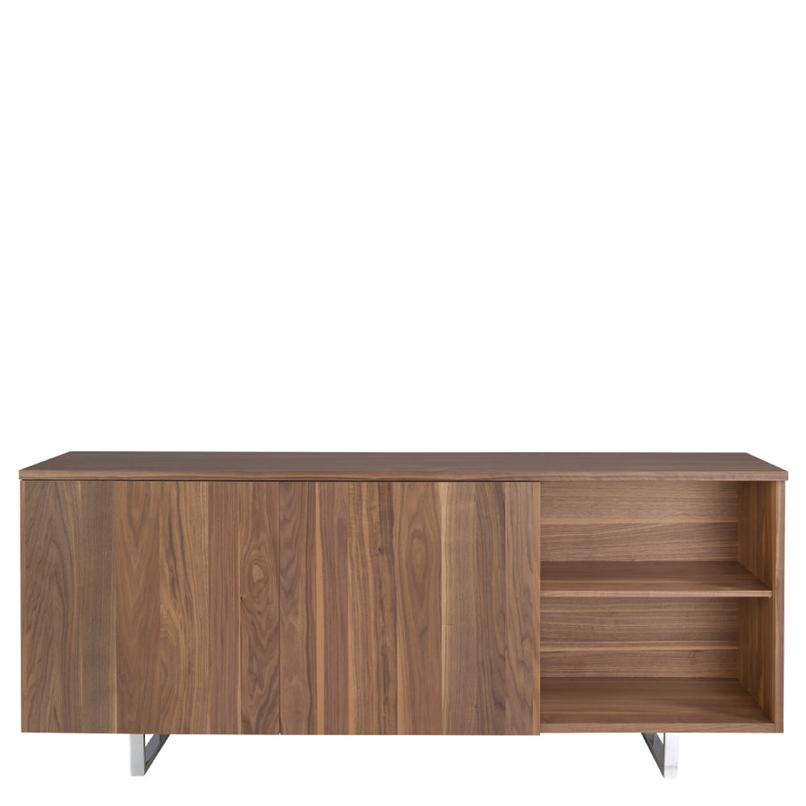 Kortárs stílusú, diófa furnérral borított, dizájn tálaló tolóajtókkal.