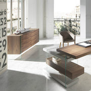 Kortárs, diófa furnérral borított, dizájn komódszekrény edzett üveg lábakkal.